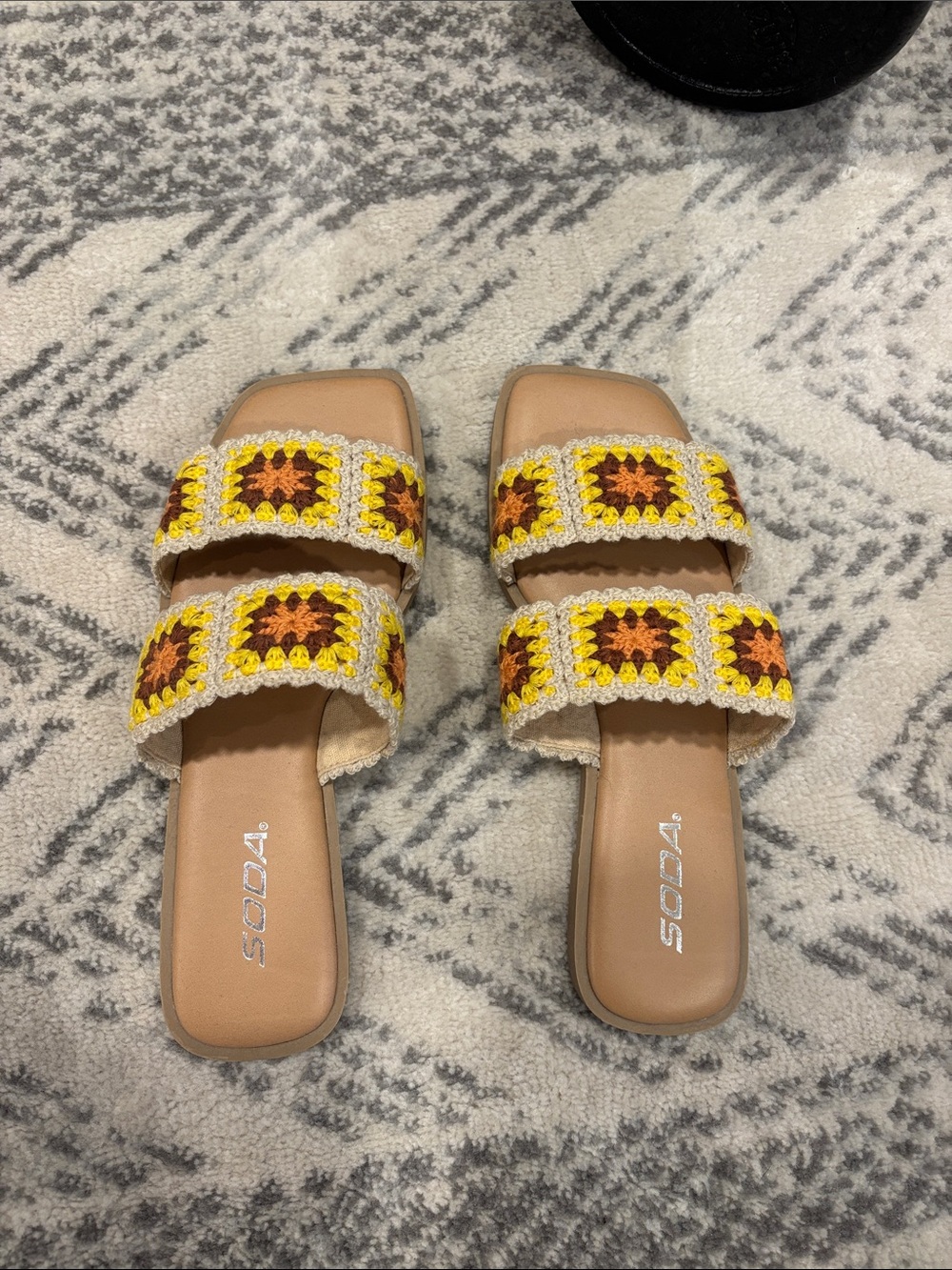 Soda Yellow Crochet Double-Strap Slide Sandals with Brown Accent